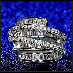 New 2CT SILVER SQUARE CUT SPIRAL SPACE AGE ORBIT SIMULATED DIAMOND BAGUETTE RING